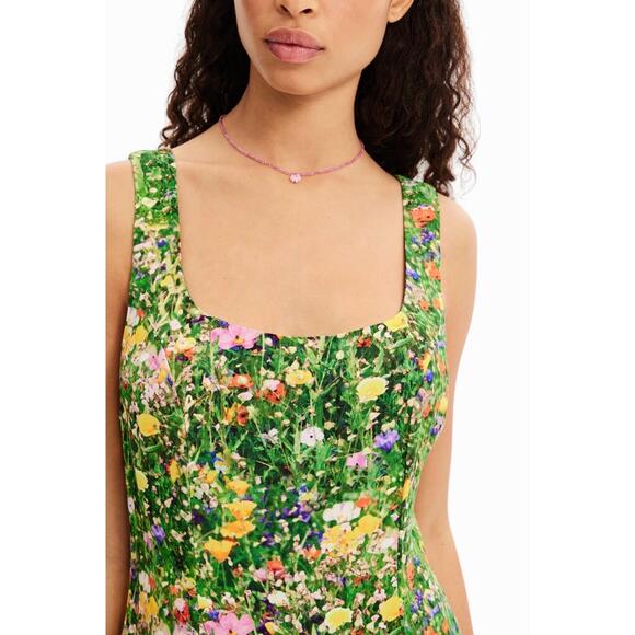 Desigual Green Floral Tank Mini Dress Rear Zip Square Neck Resortwear Vacation - Picture 3 of 5
